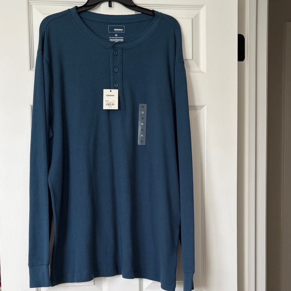 Sonoma Men's Long-Sleeve Henley Shirt — Teal Blue